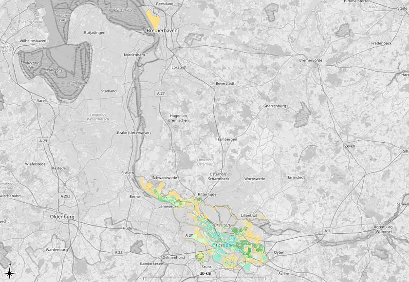 Karte über die Einteilung der Stadt Bremen in voraussichtliche Wärmeversorgungsgebiete nach § 18 Wärmeplanungsgesetz