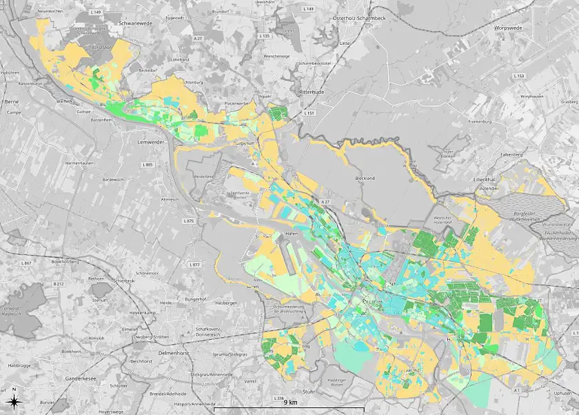 Karte über die Einteilung der Stadt Bremen in voraussichtliche Wärmeversorgungsgebiete nach § 18 Wärmeplanungsgesetz