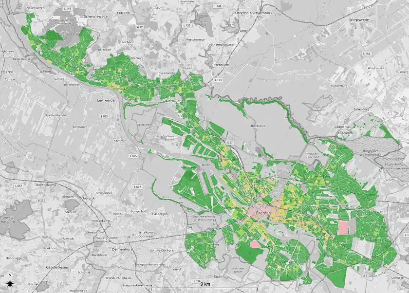 Karte über Eignungsgebiete der Stadt Bremen für Luftwärmepumpen mit Schallschutzhaube (-5 dB(A))